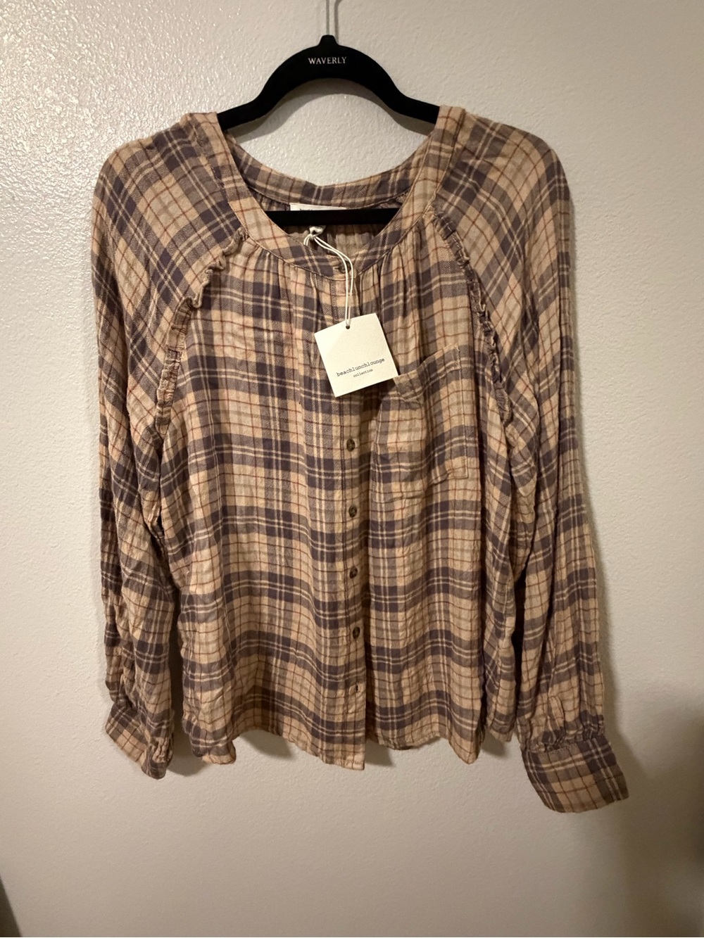 beachlunchlounge Beige and Brown Plaid Button-Down Top